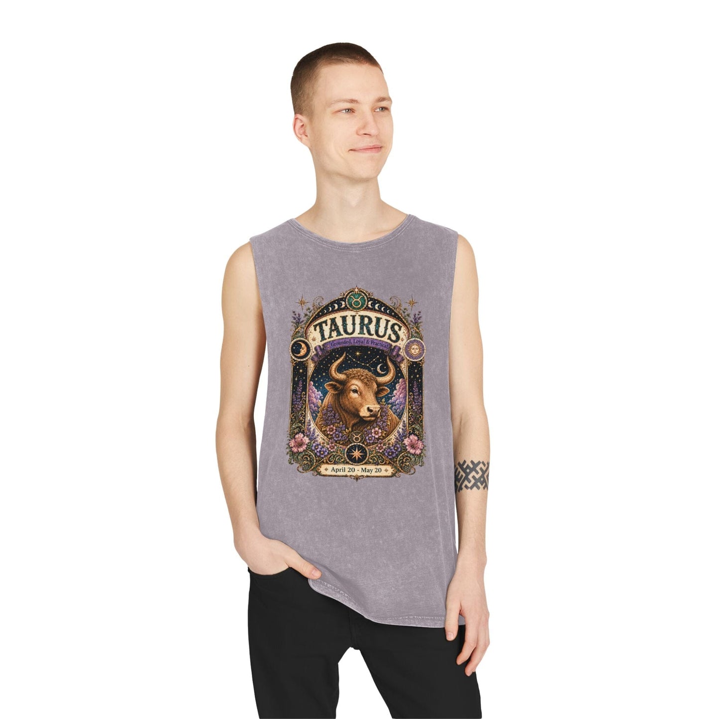 Taurus Zodiac Stonewash Tank Top – Cosmic Bull Artwork