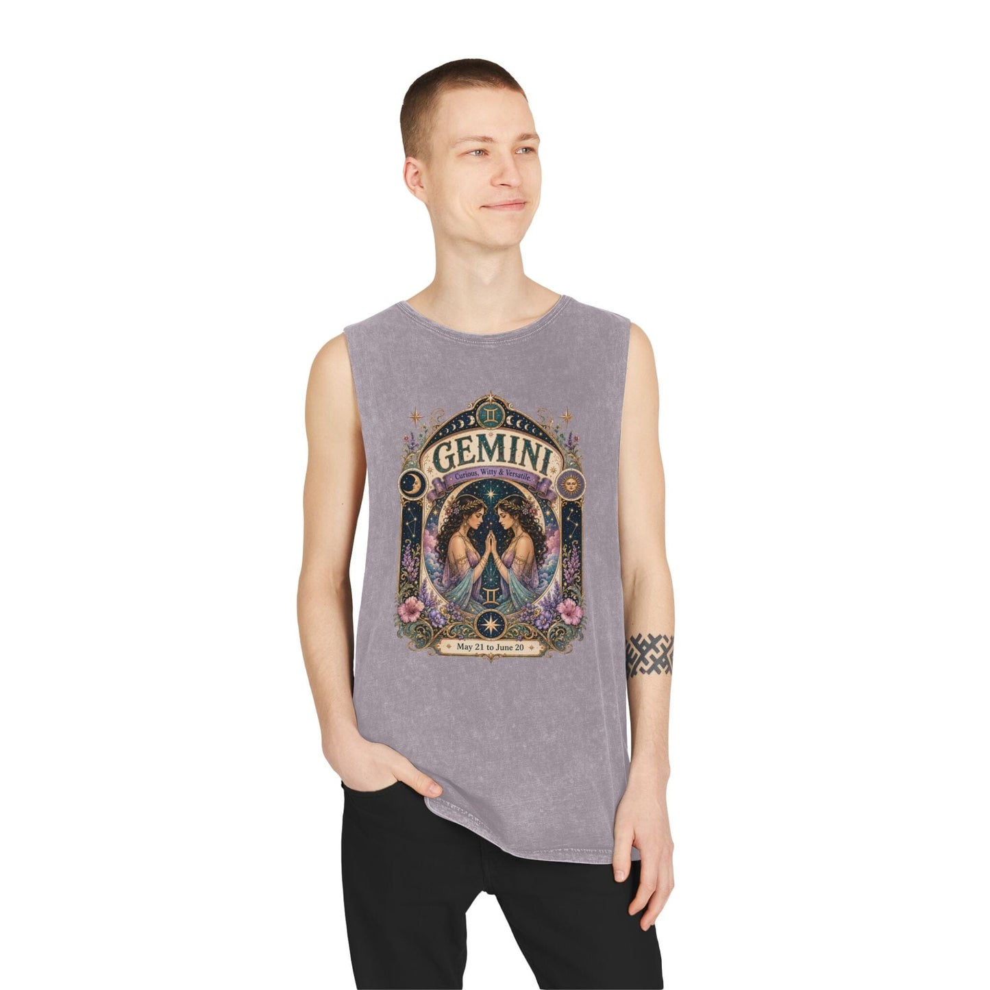 Gemini Zodiac Stonewash Tank Top – Cosmic Twins Artwork