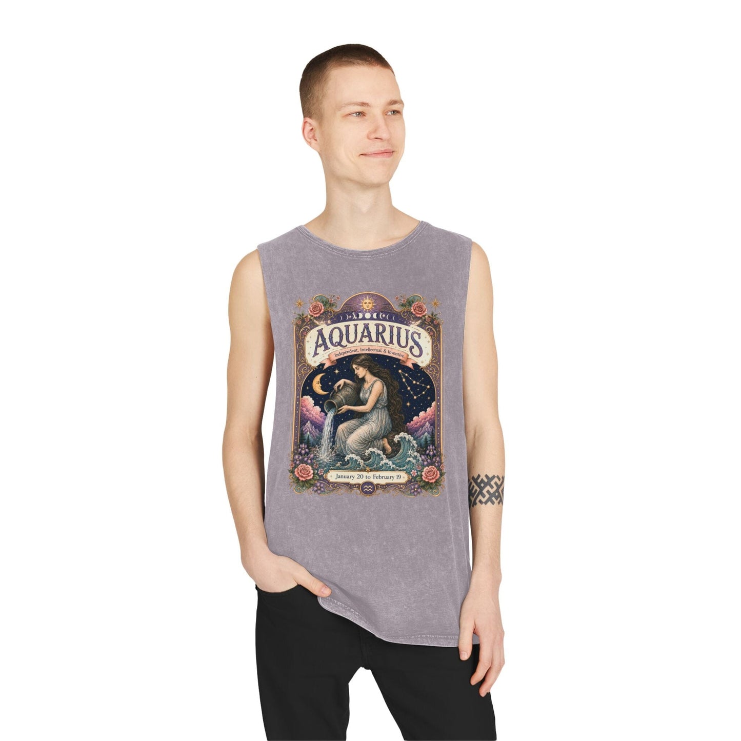 Aquarius Zodiac Stonewash Tank Top – Cosmic Water Bearer Artwork