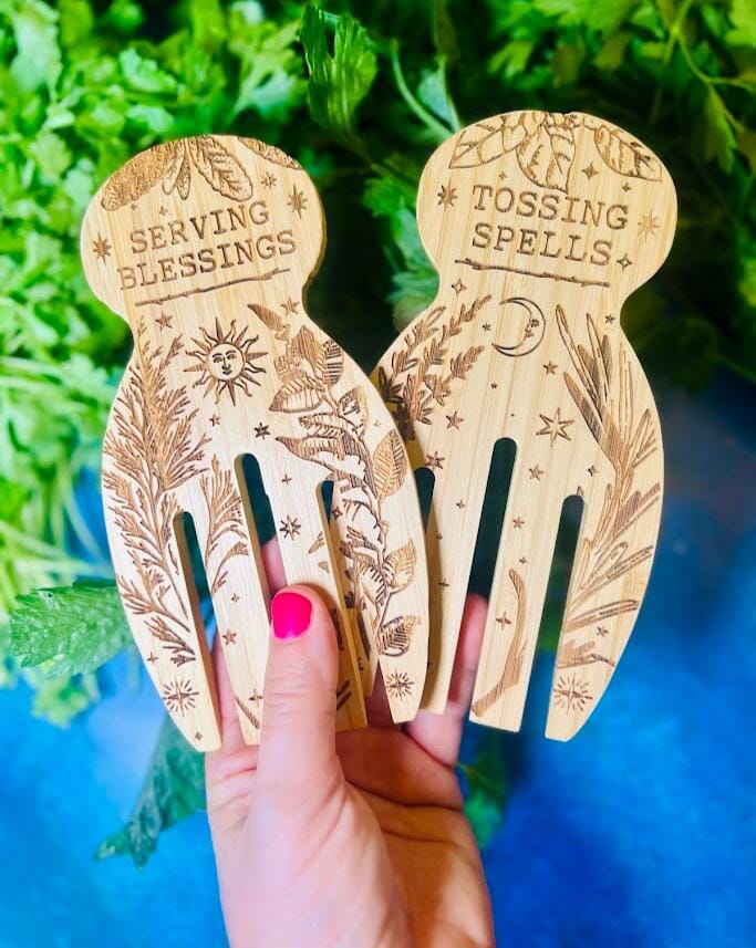 "Tossing Spells & Serving Blessings" - Engraved Bamboo Salad Serving Set.