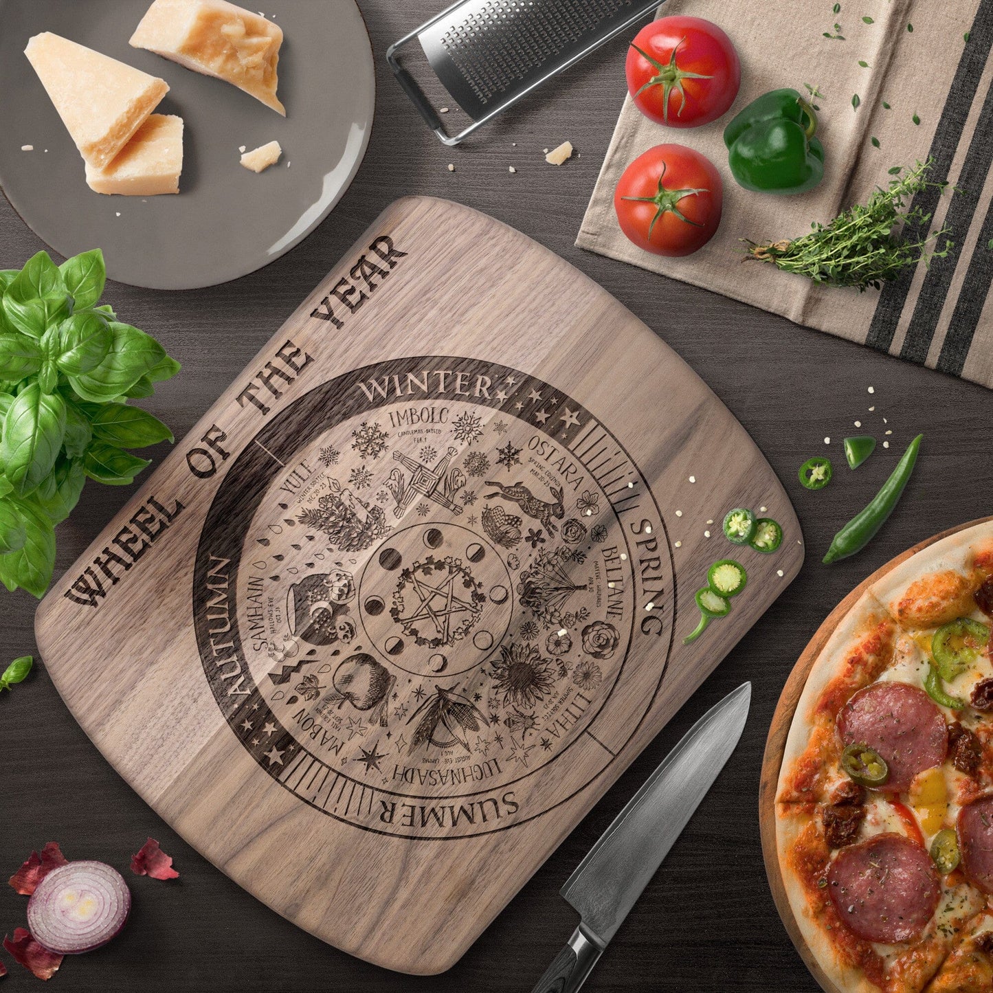 Wheel of the Year Round Edge Wood Cutting Board