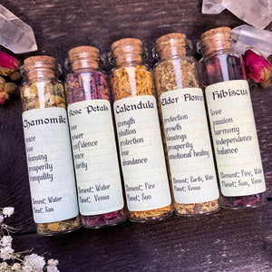 Set of 5 Flowers - Bottled Witchcraft, Magickal, Spell and Apothecary Dried Flowers for Ritual and Altar
