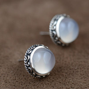 White chalcedony gemstone stud earrings - sterling silver.