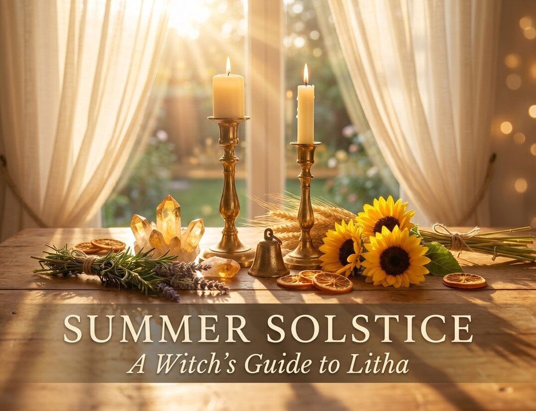Litha summer solstice altar with gold candles, citrine crystals, and summer herbs