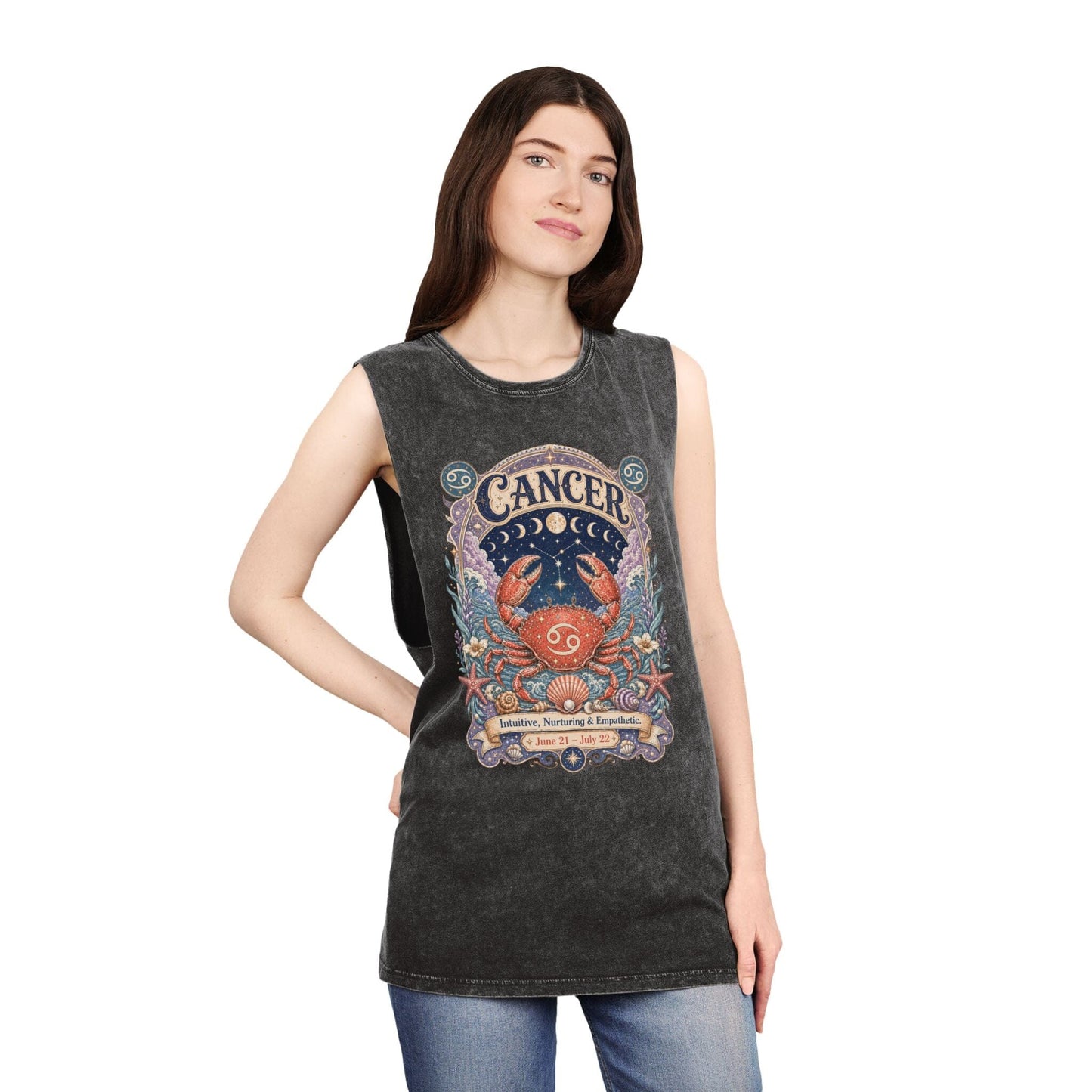Cancer Zodiac Stonewash Tank Top – Cosmic Crab Artwork