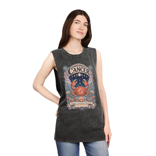 Cancer Zodiac Stonewash Tank Top – Cosmic Crab Artwork