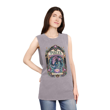 Pisces Zodiac Stonewash Tank Top – Cosmic Fish Artwork