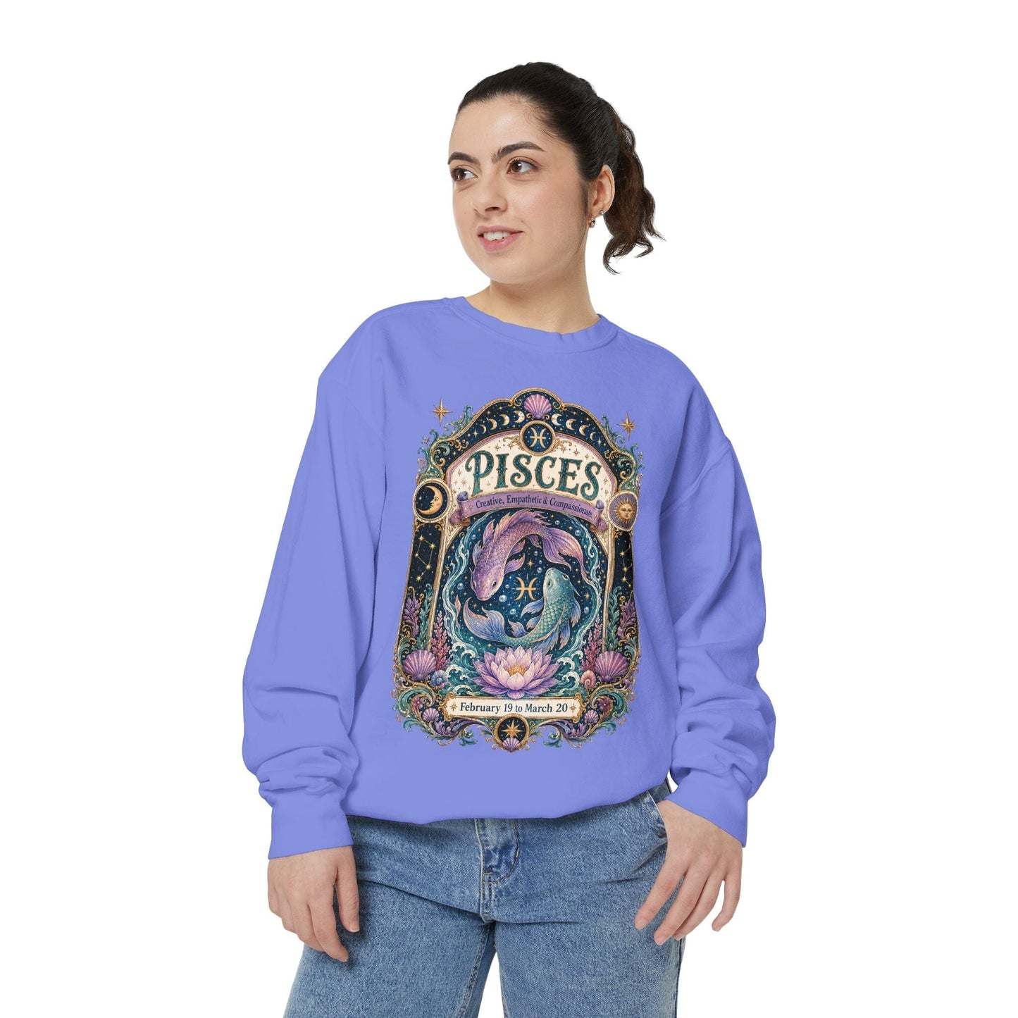 Pisces Zodiac Garment-Dyed Sweatshirt – Mystic Fish Artwork