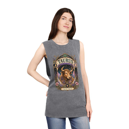 Taurus Zodiac Stonewash Tank Top – Cosmic Bull Artwork
