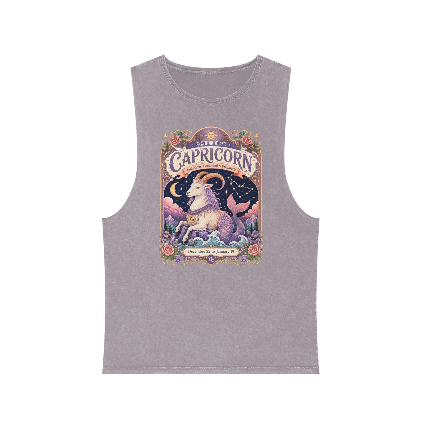 Capricorn Zodiac Stonewash Tank Top – Cosmic Sea Goat Artwork