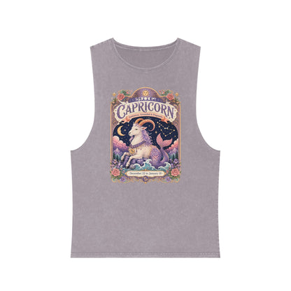 Capricorn Zodiac Stonewash Tank Top – Cosmic Sea Goat Artwork