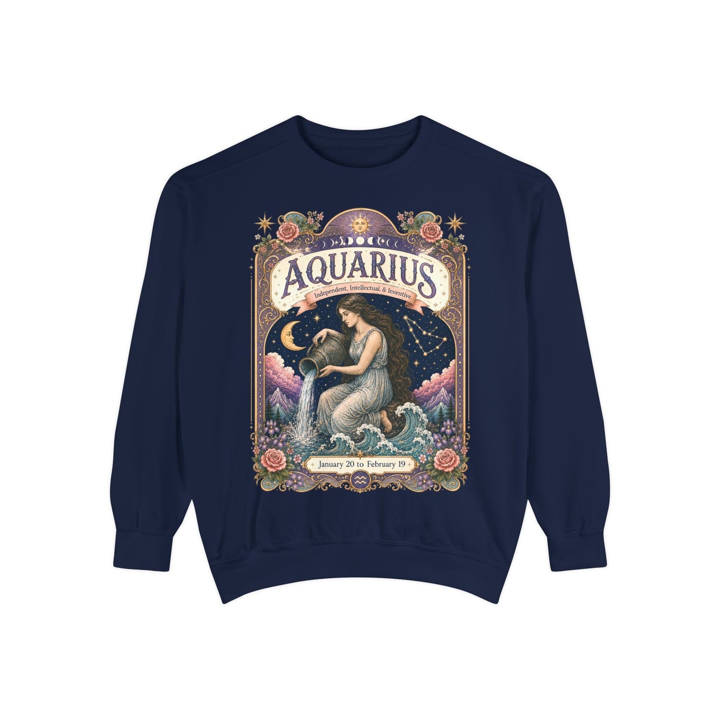 Aquarius Zodiac Garment-Dyed Sweatshirt – Mystic Water Bearer Artwork