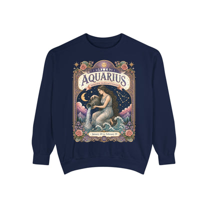 Aquarius Zodiac Garment-Dyed Sweatshirt – Mystic Water Bearer Artwork