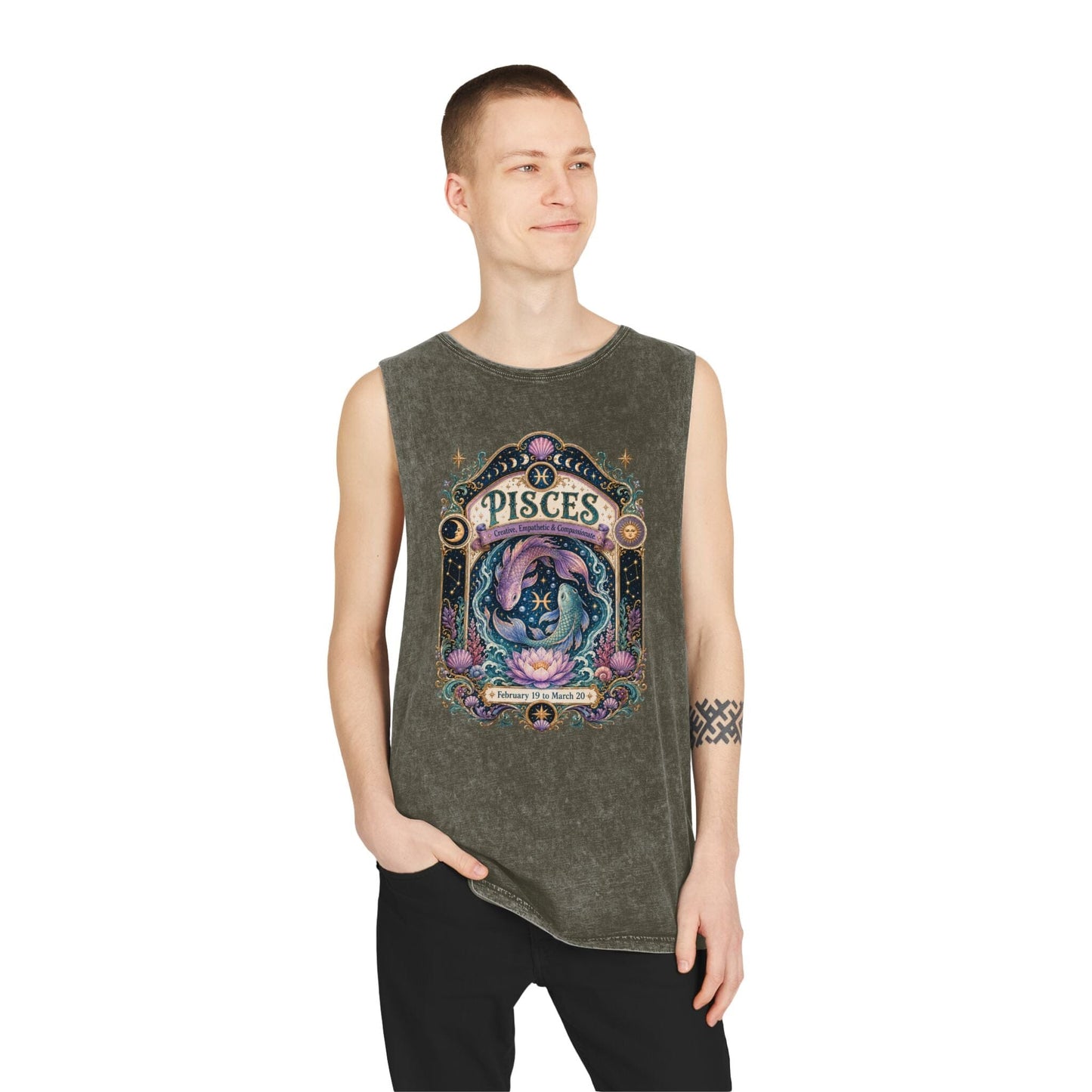 Pisces Zodiac Stonewash Tank Top – Cosmic Fish Artwork