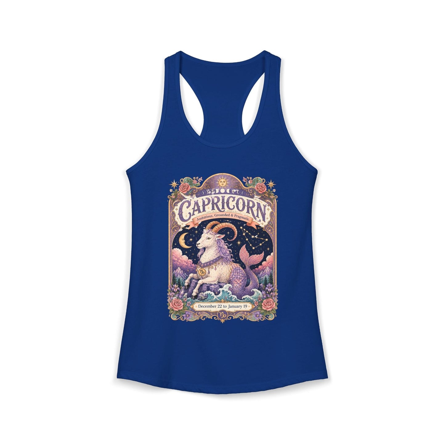 Capricorn Zodiac Women's Racerback Tank – Ornate Sea Goat Artwork