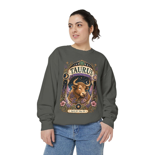 Taurus Zodiac Garment-Dyed Sweatshirt – Mystic Bull Artwork