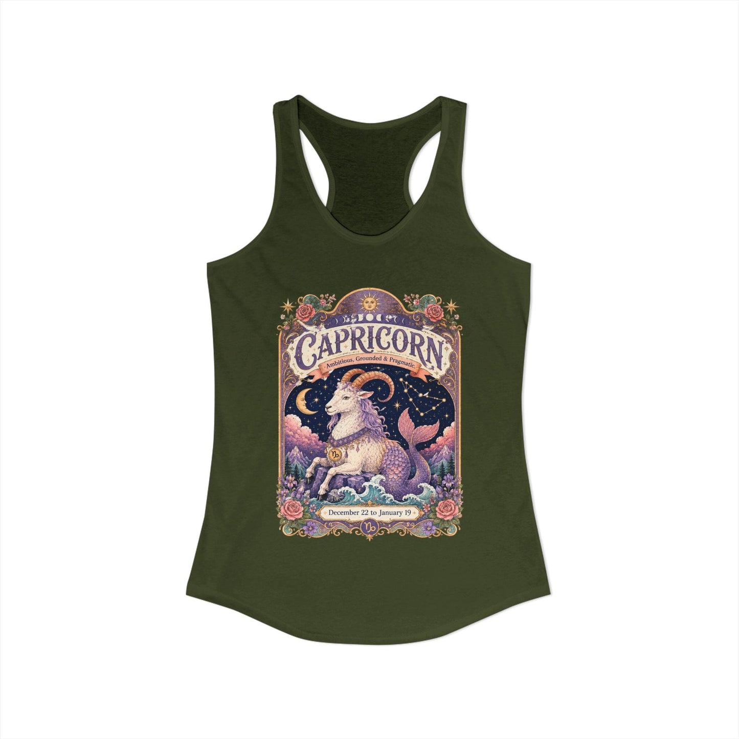 Capricorn Zodiac Women's Racerback Tank – Ornate Sea Goat Artwork