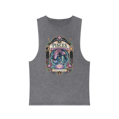 Pisces Zodiac Stonewash Tank Top – Cosmic Fish Artwork