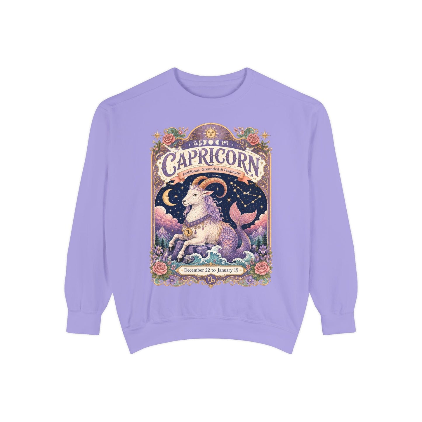 Capricorn Zodiac Garment-Dyed Sweatshirt – Mystic Sea Goat Artwork