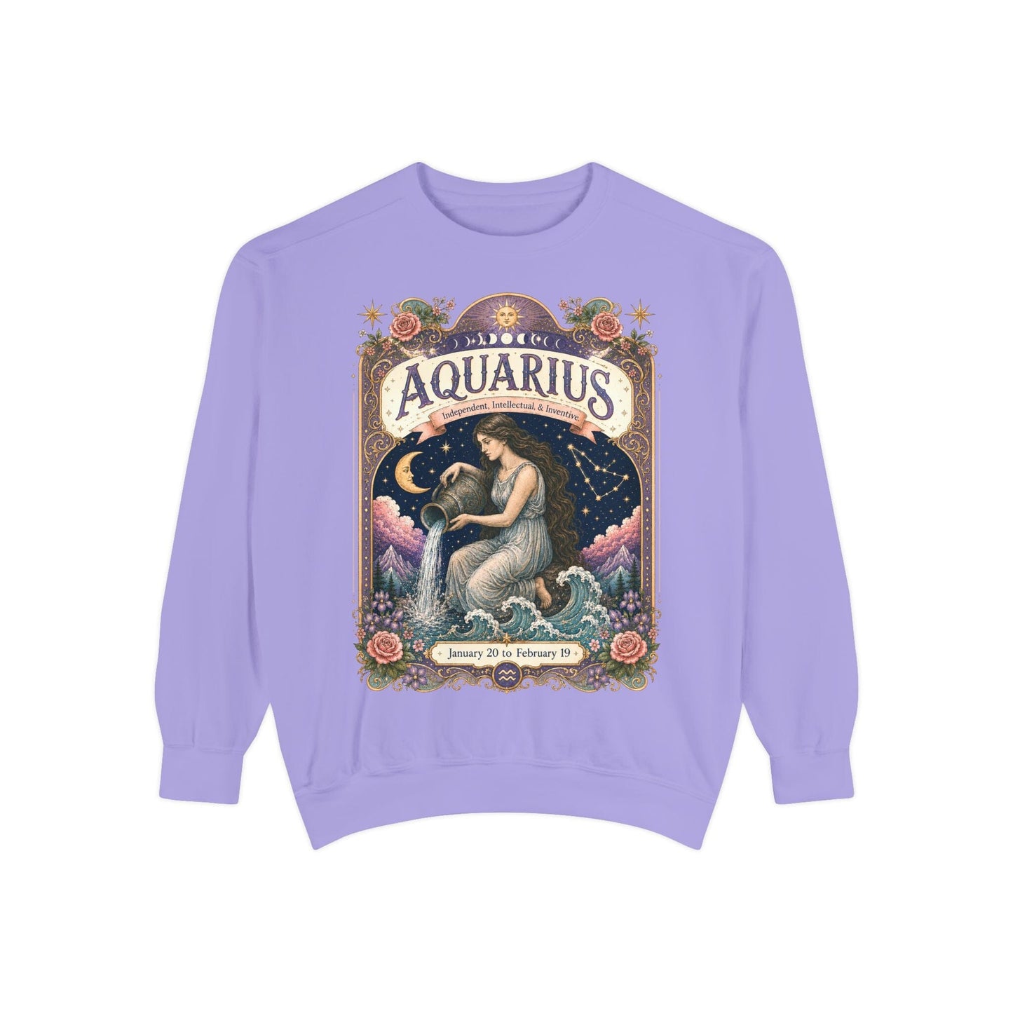 Aquarius Zodiac Garment-Dyed Sweatshirt – Mystic Water Bearer Artwork