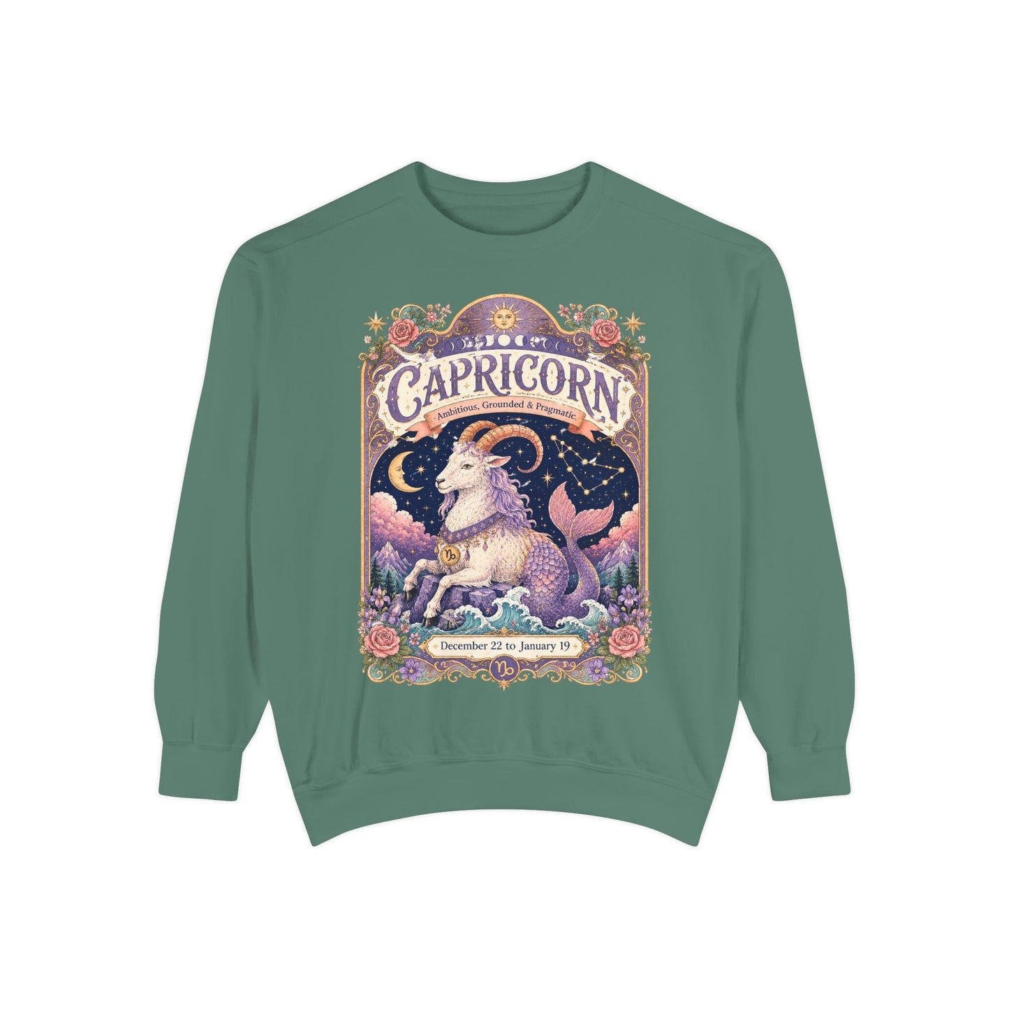 Capricorn Zodiac Garment-Dyed Sweatshirt – Mystic Sea Goat Artwork