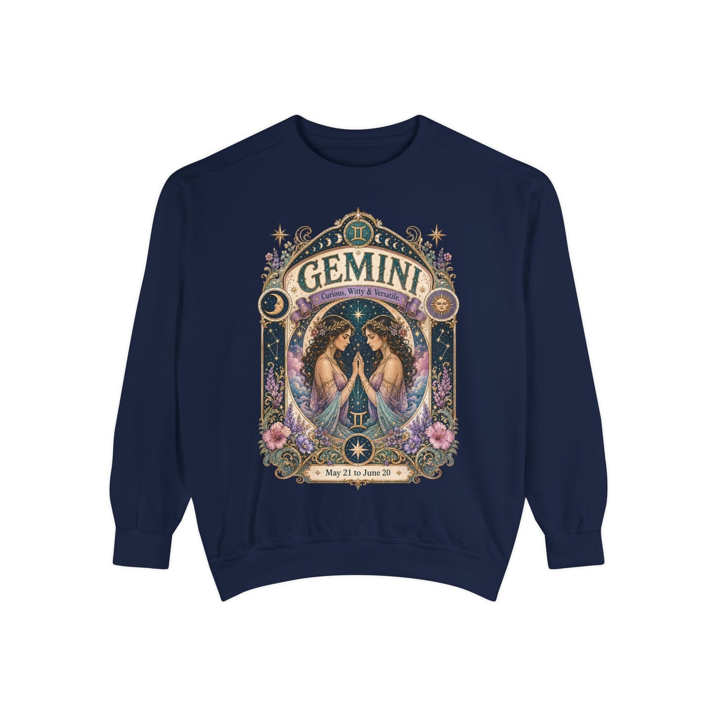 Gemini Zodiac Garment-Dyed Sweatshirt – Mystic Twins Artwork