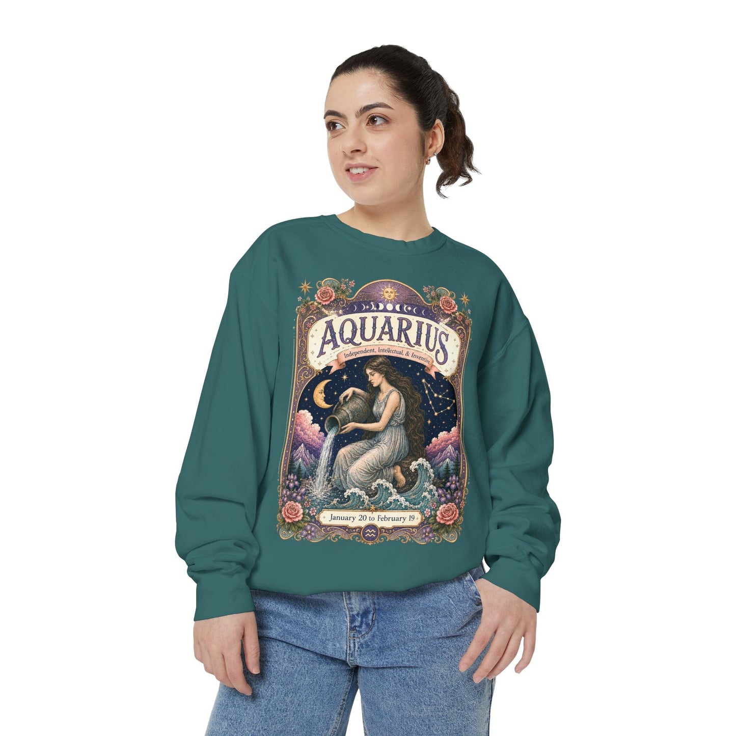 Aquarius Zodiac Garment-Dyed Sweatshirt – Mystic Water Bearer Artwork