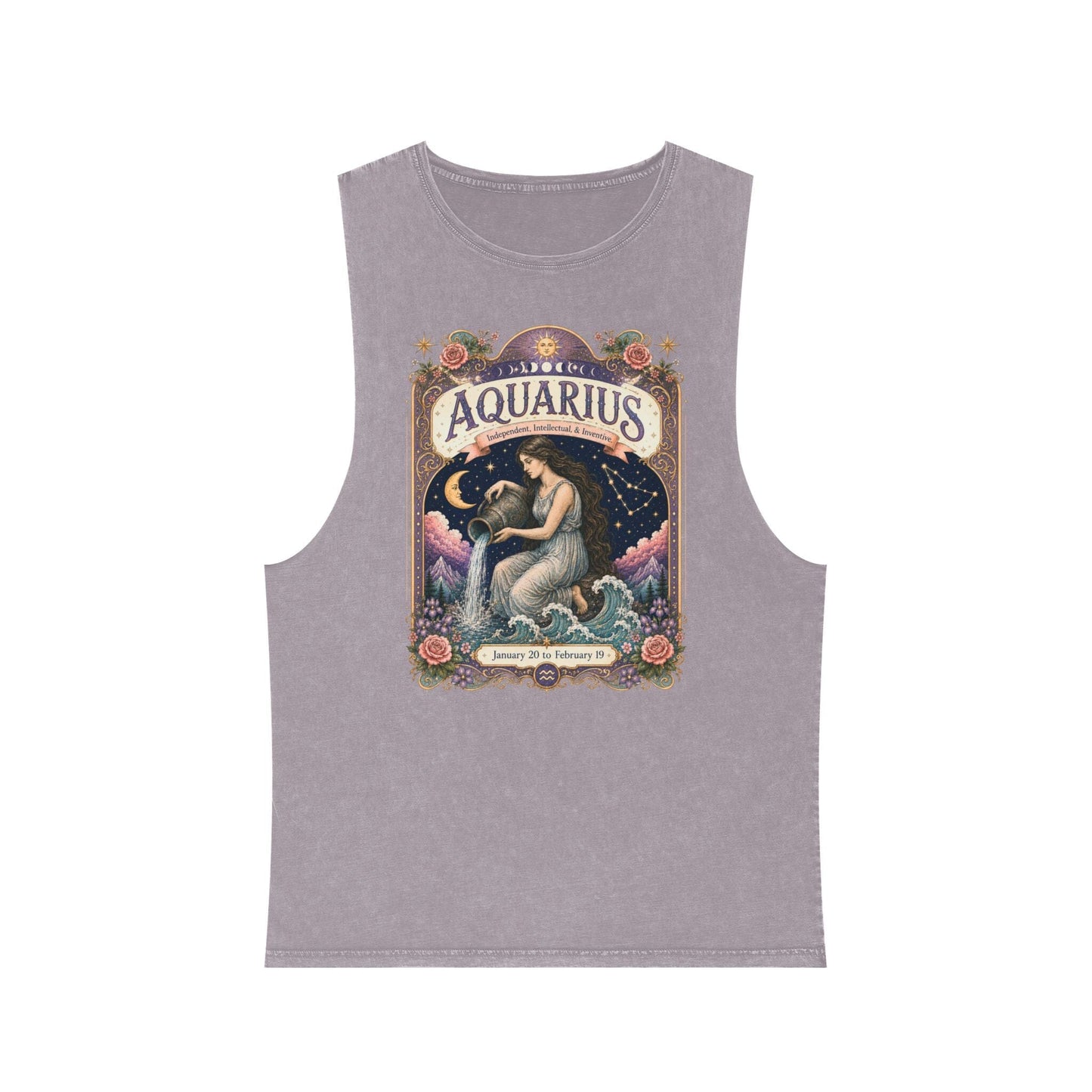 Aquarius Zodiac Stonewash Tank Top – Cosmic Water Bearer Artwork