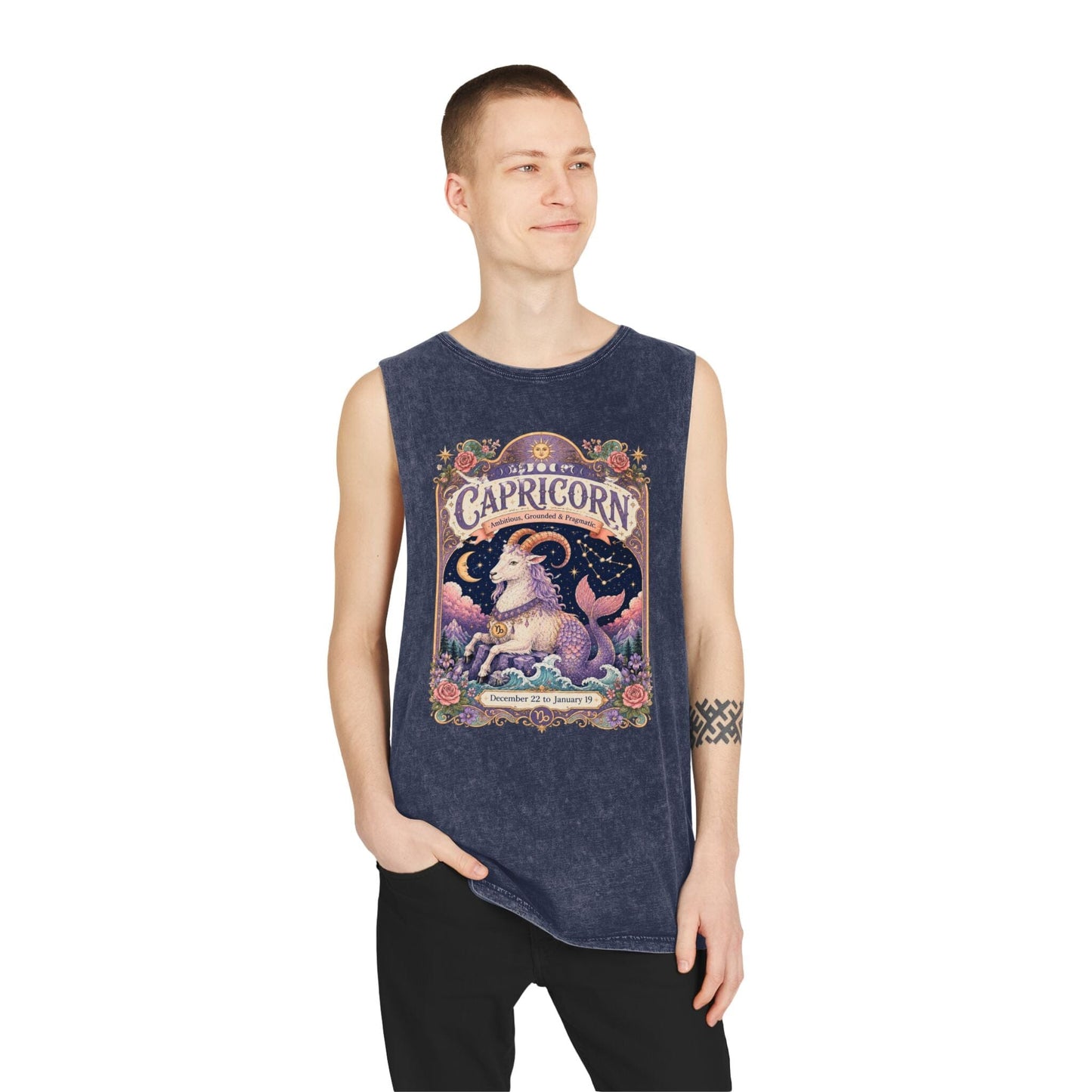 Capricorn Zodiac Stonewash Tank Top – Cosmic Sea Goat Artwork
