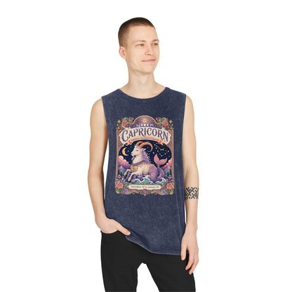 Capricorn Zodiac Stonewash Tank Top – Cosmic Sea Goat Artwork