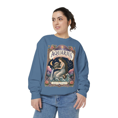 Aquarius Zodiac Garment-Dyed Sweatshirt – Mystic Water Bearer Artwork
