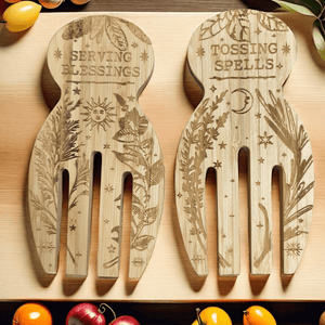 "Tossing Spells & Serving Blessings" - Engraved and Eco-Friendly Bamboo Salad & Pasta Serving Set.