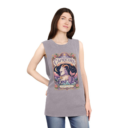 Capricorn Zodiac Stonewash Tank Top – Cosmic Sea Goat Artwork