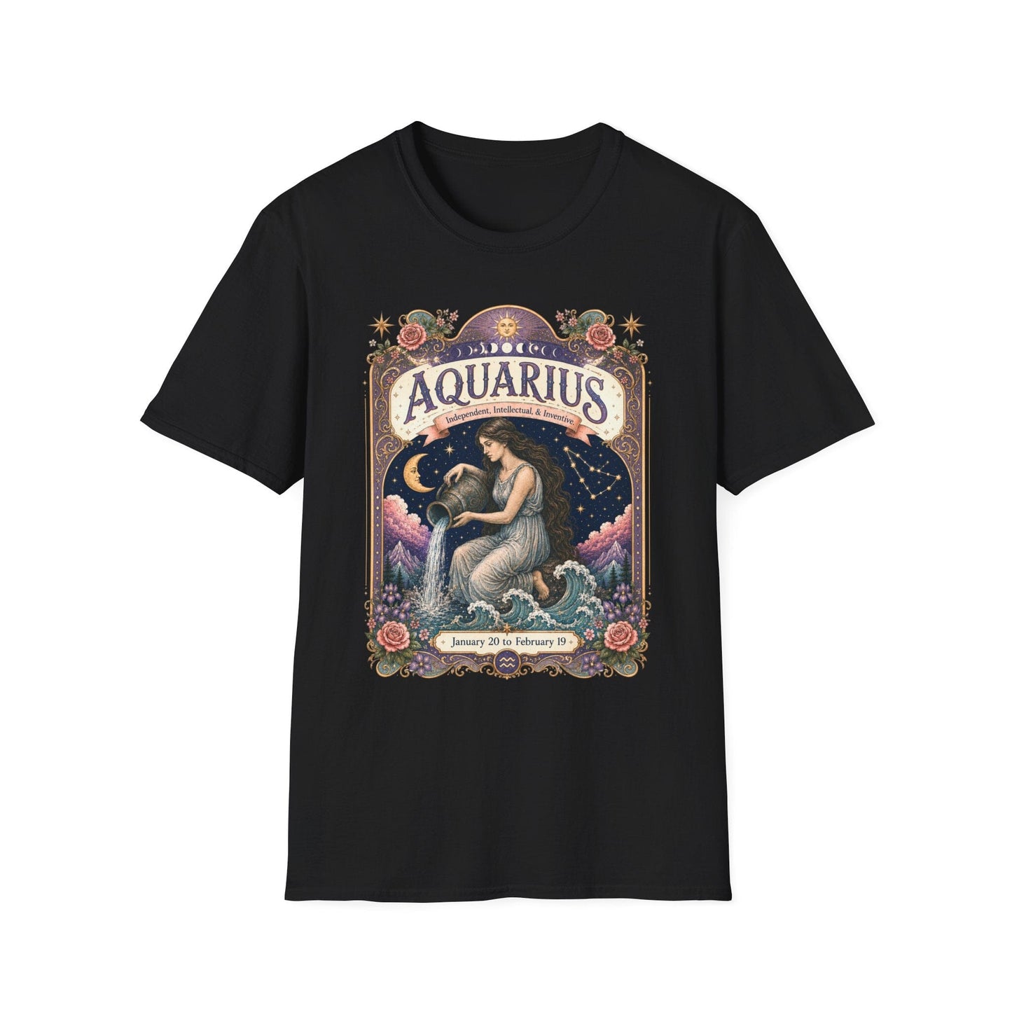 Aquarius Zodiac Softstyle T-Shirt – Celestial Water Bearer Artwork