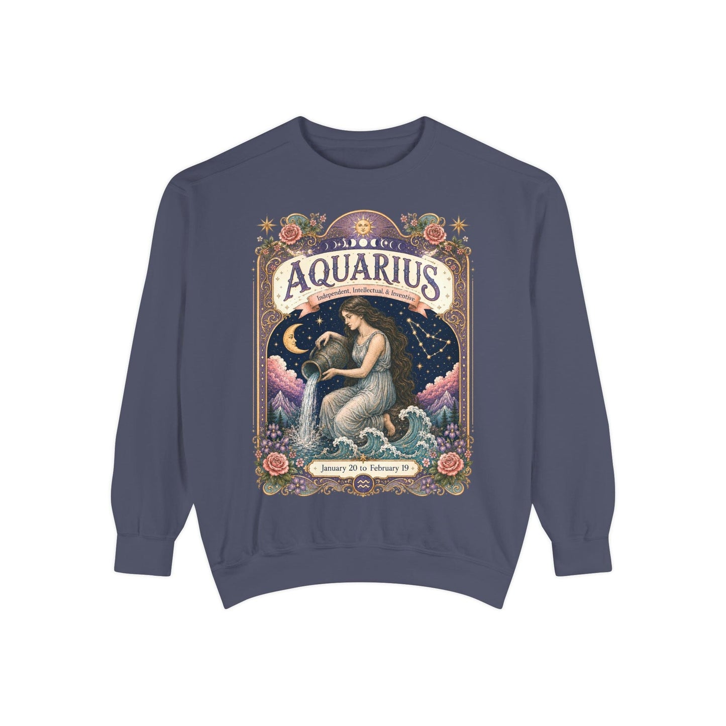 Aquarius Zodiac Garment-Dyed Sweatshirt – Mystic Water Bearer Artwork