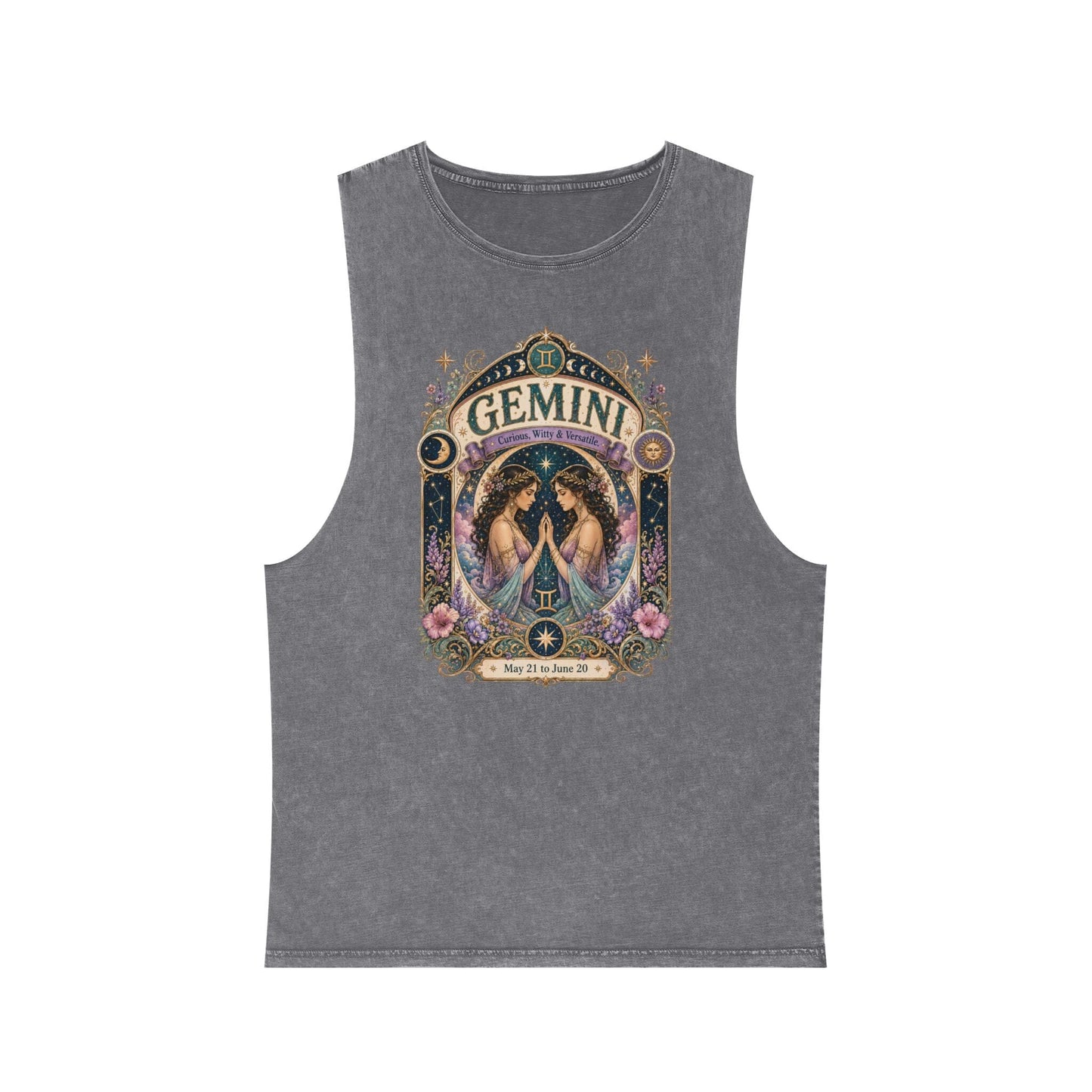 Gemini Zodiac Stonewash Tank Top – Cosmic Twins Artwork