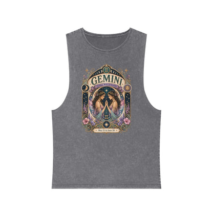 Gemini Zodiac Stonewash Tank Top – Cosmic Twins Artwork