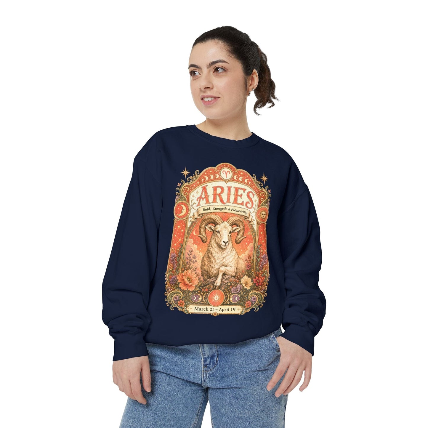 Aries Zodiac Garment-Dyed Sweatshirt – Mystic Ram Artwork