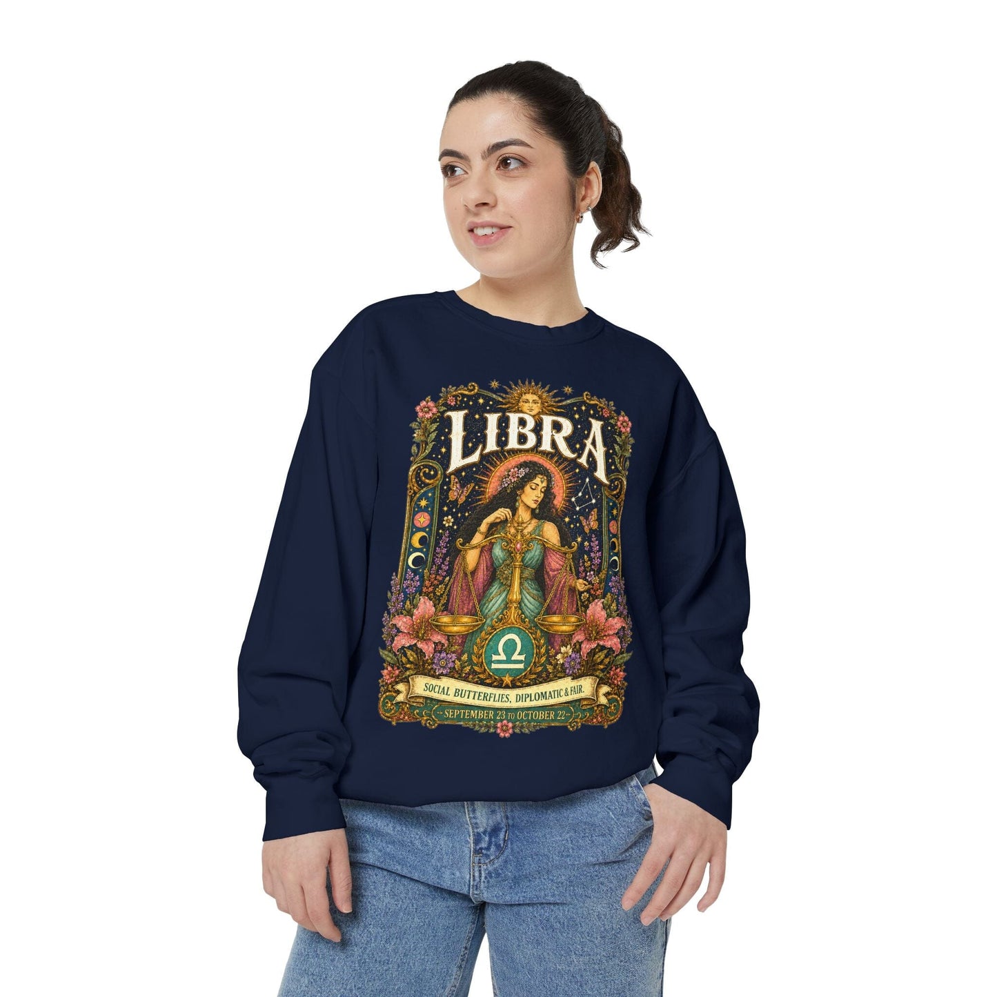 Libra Zodiac Garment-Dyed Sweatshirt – Mystic Scales Artwork