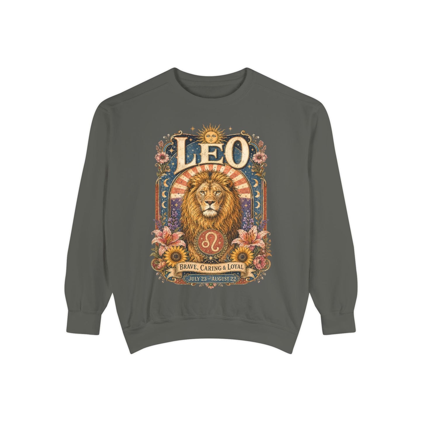 Leo Zodiac Garment-Dyed Sweatshirt – Mystic Lion Artwork