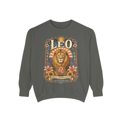 Leo Zodiac Garment-Dyed Sweatshirt – Mystic Lion Artwork