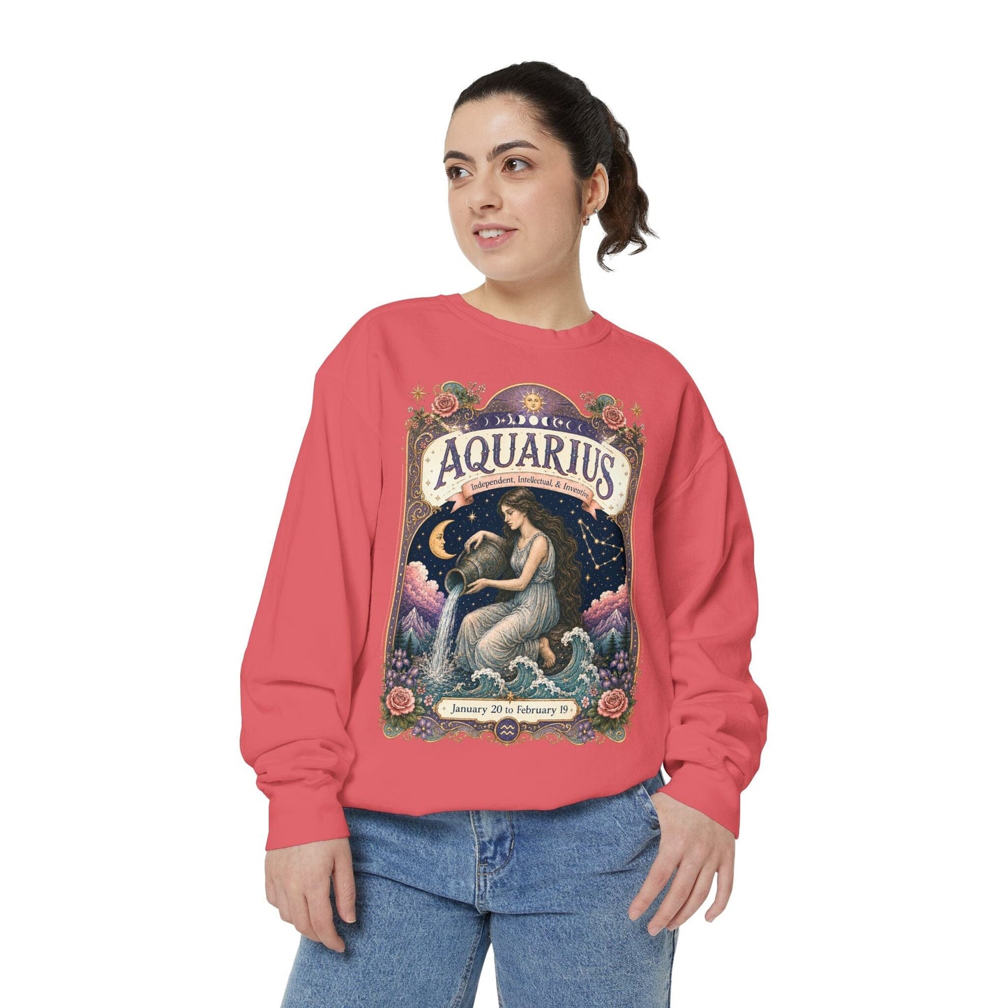 Aquarius Zodiac Garment-Dyed Sweatshirt – Mystic Water Bearer Artwork