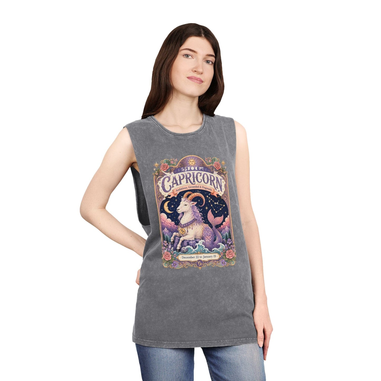 Capricorn Zodiac Stonewash Tank Top – Cosmic Sea Goat Artwork