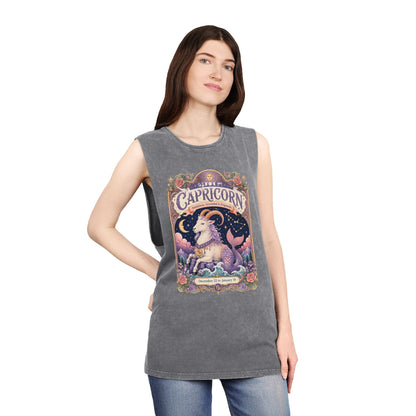 Capricorn Zodiac Stonewash Tank Top – Cosmic Sea Goat Artwork