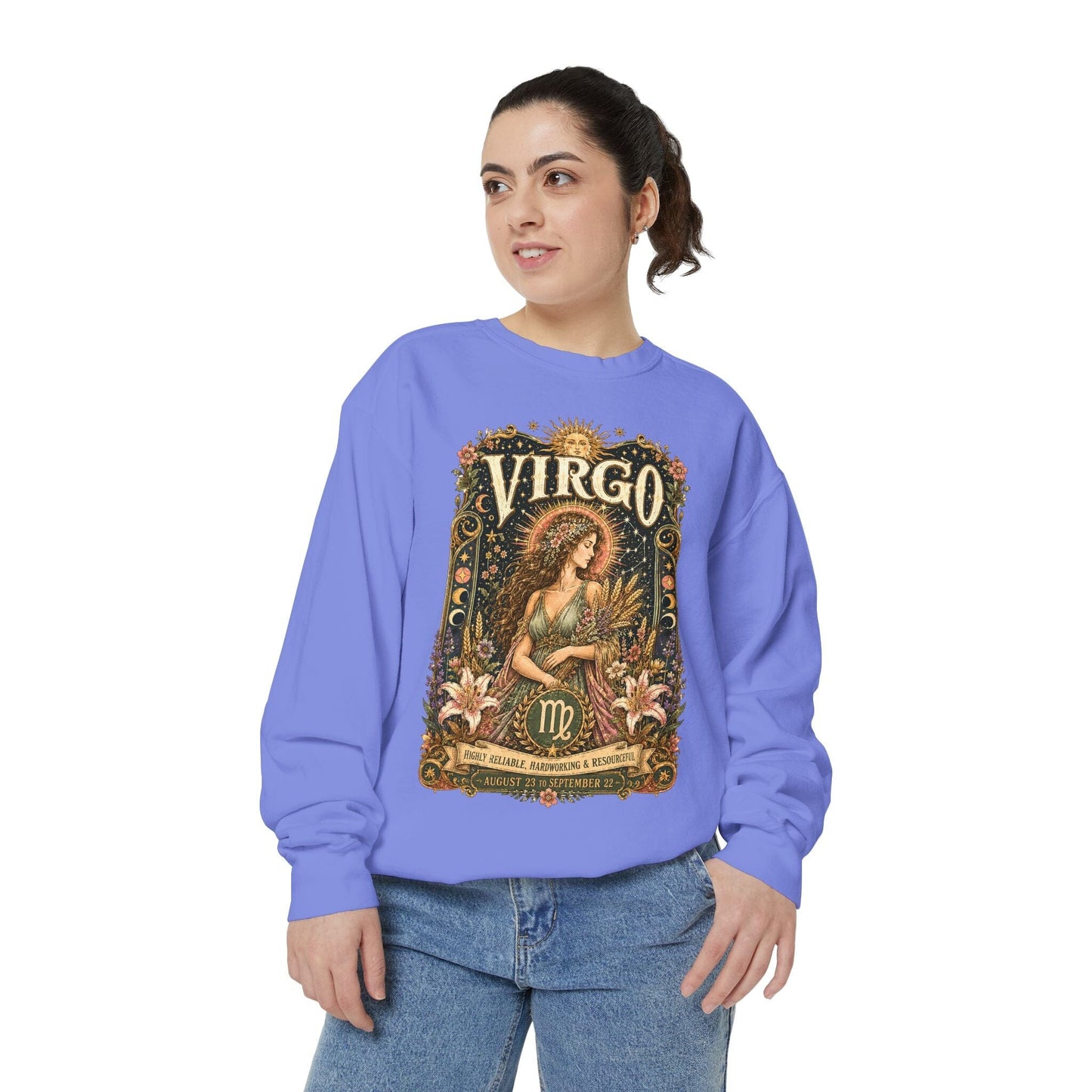 Virgo Zodiac Garment-Dyed Sweatshirt – Mystic Maiden Artwork