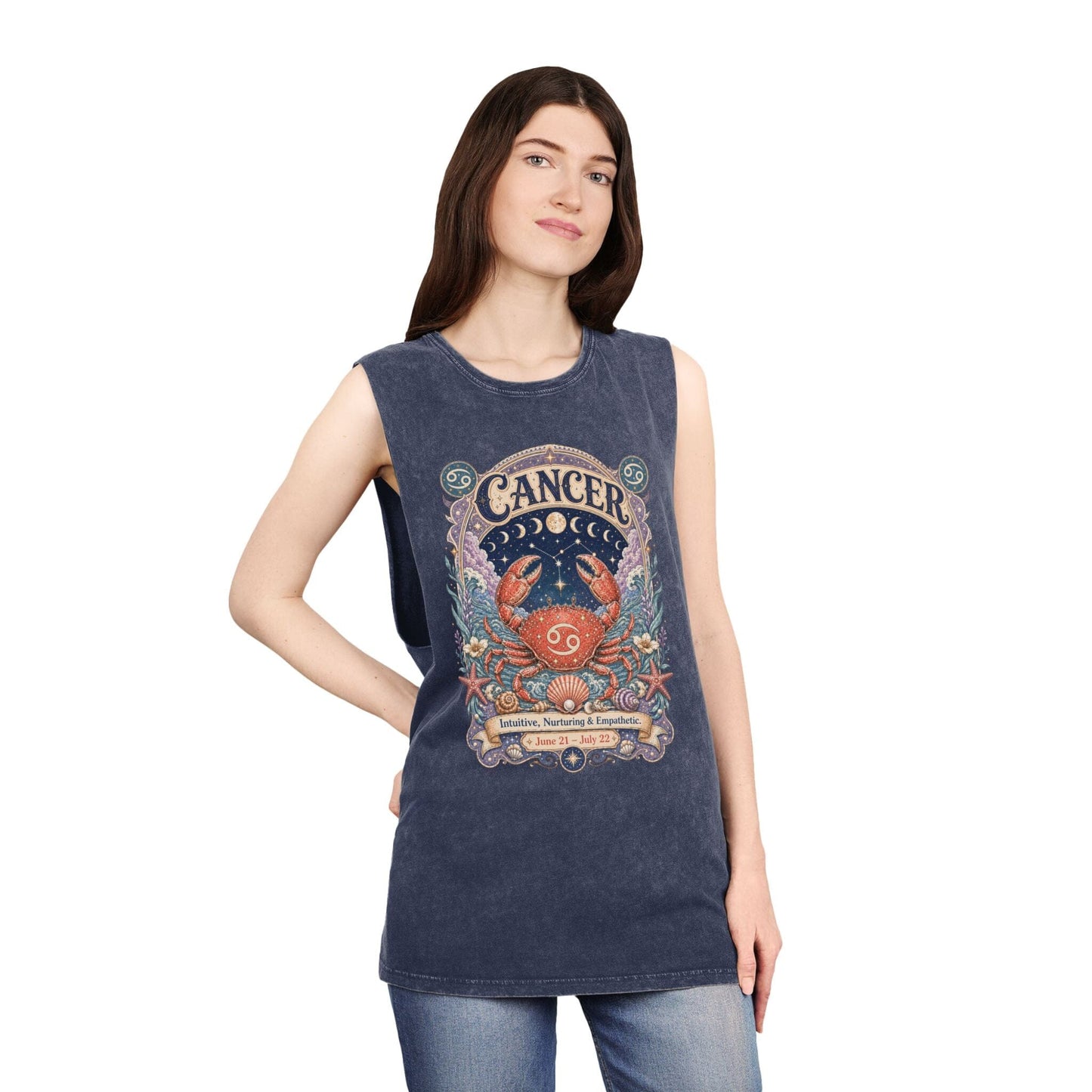Cancer Zodiac Stonewash Tank Top – Cosmic Crab Artwork