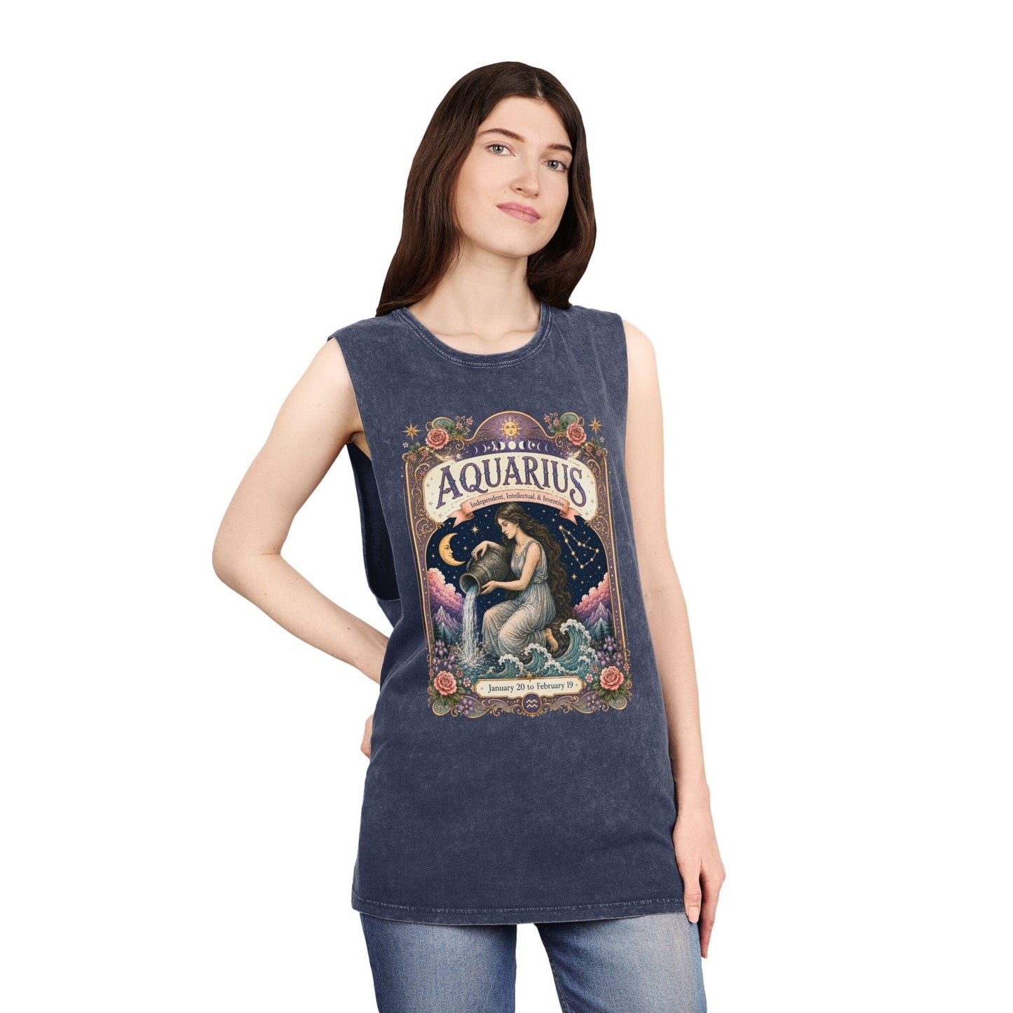 Aquarius Zodiac Stonewash Tank Top – Cosmic Water Bearer Artwork