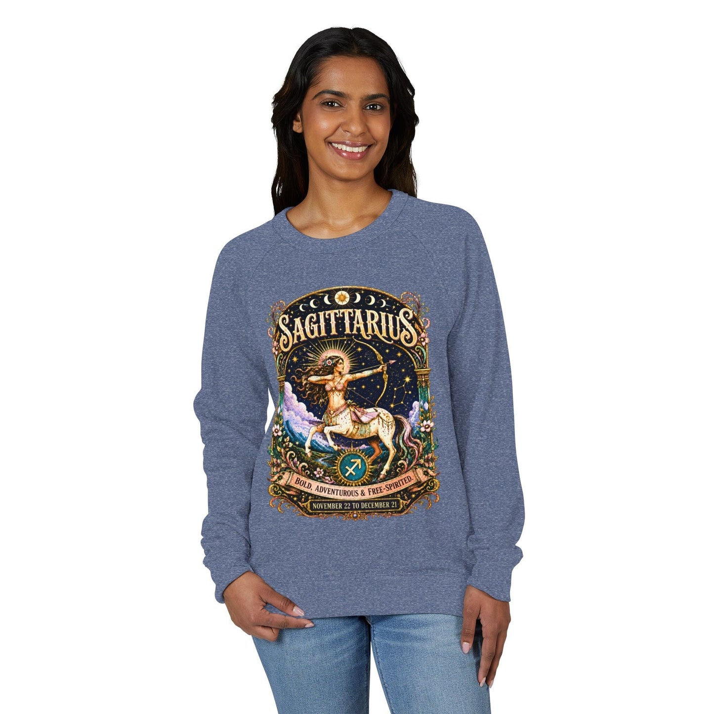 Sagittarius Zodiac Raglan Sweatshirt – Ethereal Archer Artwork