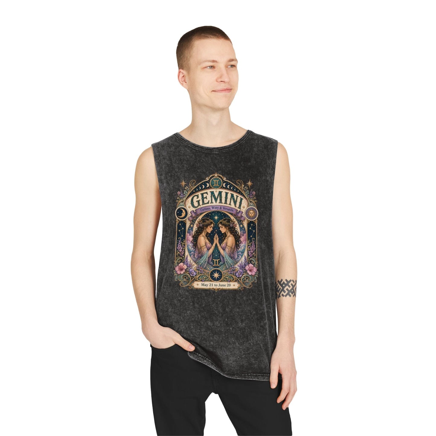 Gemini Zodiac Stonewash Tank Top – Cosmic Twins Artwork