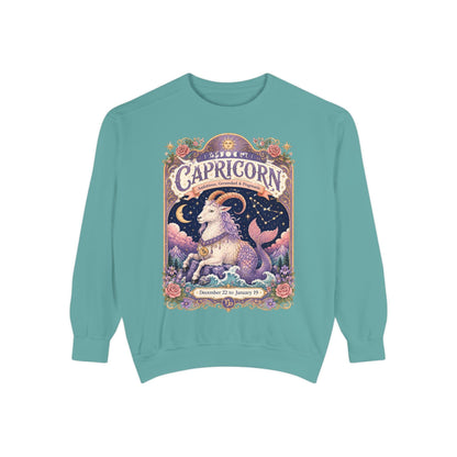 Capricorn Zodiac Garment-Dyed Sweatshirt – Mystic Sea Goat Artwork